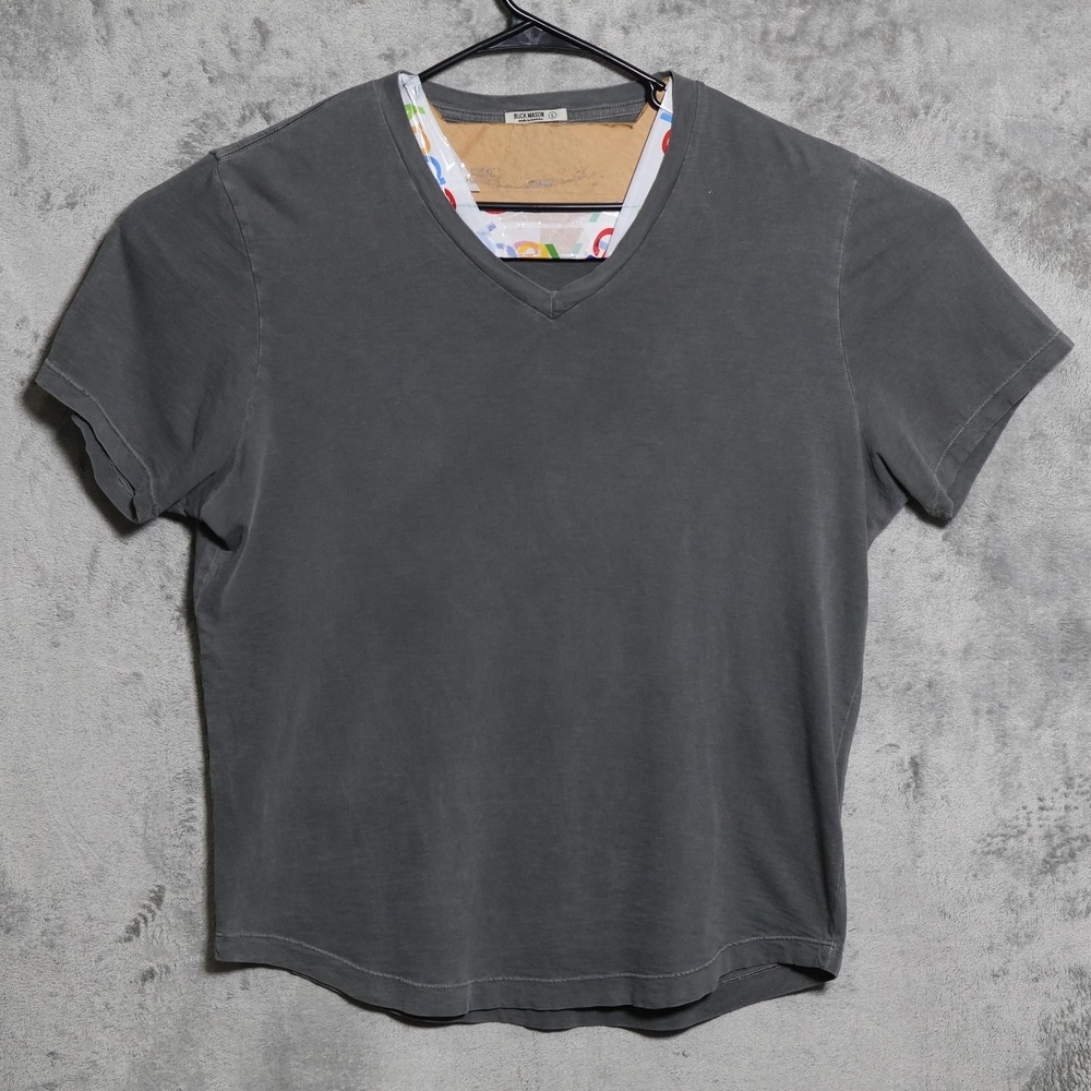 Buck Mason T-Shirt Mens Large Gray Stone Wash V-Neck Curved Hem Made In USA